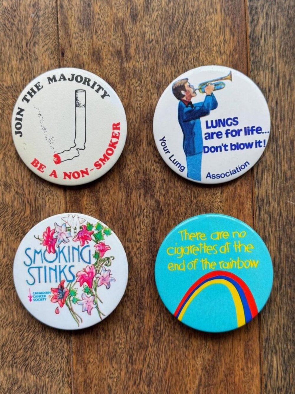 80s vintage no smoking cigarettes cancer society metal button pins pinbacks